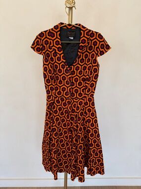 Pinup Couture Orange & Black 70’s Hexagon Print Fit-and-Flare Mini Dress